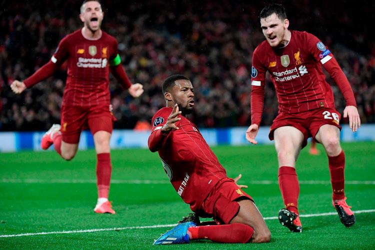 Hollandske Georginio Wijnaldum har en evne til at score i de store kampe, og det var også ham, der bragte Liverpool foran 1-0 onsdag aften på Anfield.  Foto: Javier Soriano/Ritzau Scanpix