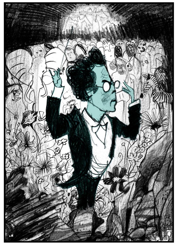 Mahler arbejdede på 3. Symfoni fra 1893 til 1896, og den handler dybest set om at bevæge sig opad, trin for trin, for til sidst at bryde igennem til noget højere.  Tegning Claus Nørregaard