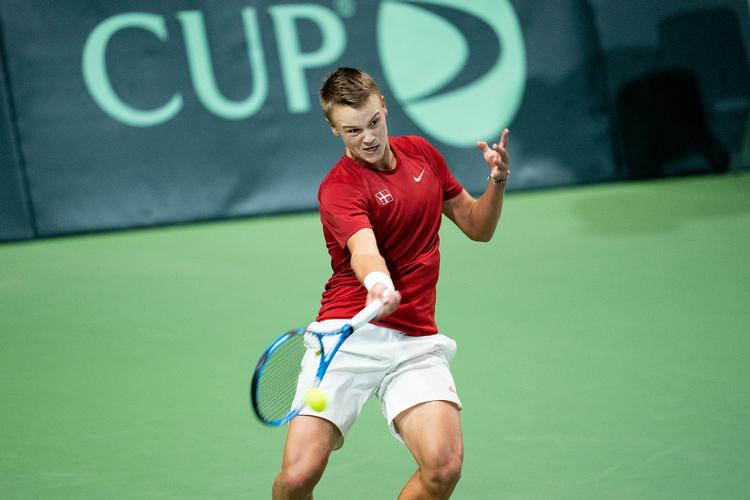 Holger Rune var for nylig med til at sikre Danmark en overbevisende Davis Cup-sejr over Puerto Rico, da han spillede i Holbæk.  Foto: Claus Bech/Ritzau Scanpix