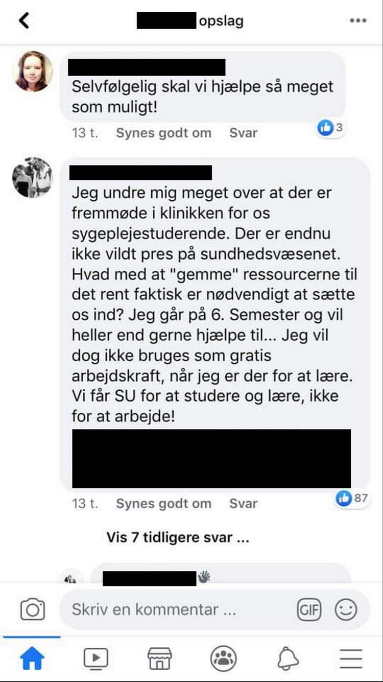 Kommentarer fra Facebook-gruppen 'Jeg er sygeplejerskestuderende'.  