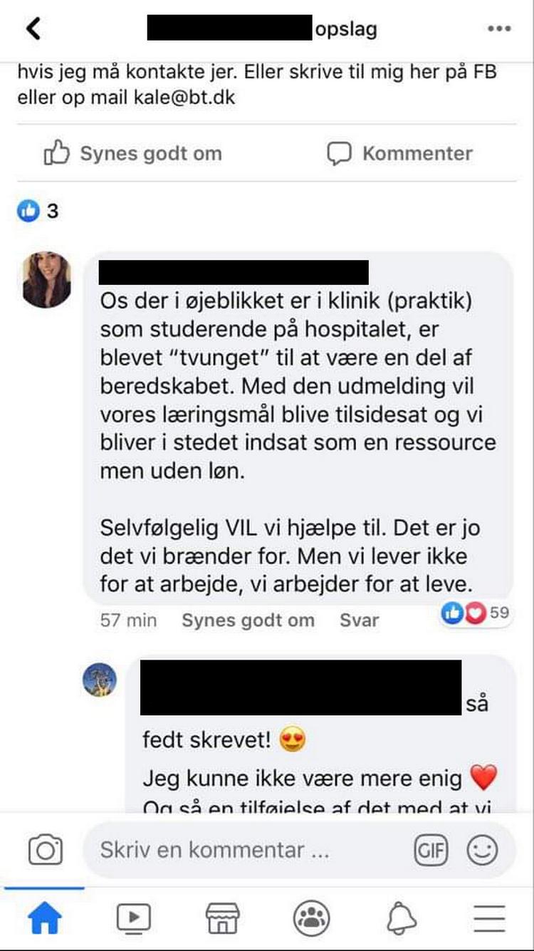 Kommentarer fra Facebook-gruppen 'Jeg er sygeplejerskestuderende'.  