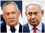 Benny Gantz (tv.), leder af partiet Blå og Hvid, og Likud-leder og nuværende premierminister Benjamin Netanyahu, kæmper om, hvem der skal stå i spidsen for Israels regering, og hvordan en sådan regering skal se ud. Foto: Amir Cohen/Ritzau Scanpix