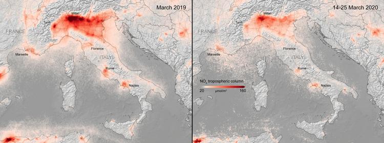 Især Norditaliens industri er påvirket af nedlukningen i samme periode, som  koncentrationen af nitrogendioxid falder i Italien. Kortet viser gennemsnittet for 10 dage under nedlukningen sammenlignet med gennemsnittet for marts sidste år. Foto: Handout/Ritzau Scanpix