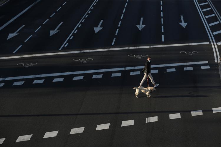 En kvinde går tur med sin hund på en næsten helt forladt Paseo de la Castellana avenue i Madrid. Foto: Susana Vera/Ritzau Scanpix