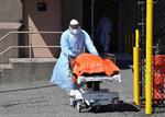 De fleste coronarelaterede dødsfald i USA rammer millionbyen New York. Her flytter en portør en afdød coronapatient på et hospital i bydelen Brooklyn torsdag 2. april til en kølevogn, der bliver brugt som midlertidigt opbevaringssted for ligene.  Foto: Angela Weiss/Ritzau Scanpix