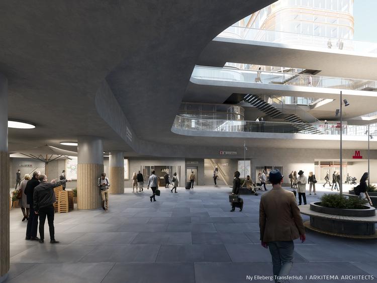 I dag er der dagligt 5.000 påstigninger på Ny Ellebjerg Station, men tallet forventes at stige markant i fremtiden. Foto: Visualisering af Arkitema Architects for Metroselskabet