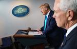 Donald Trump og Mike Pence på pressebriefingen, hvor utilfredsheden med WHO blev luftet. Foto: Mandel Ngan/Ritzau Scanpix