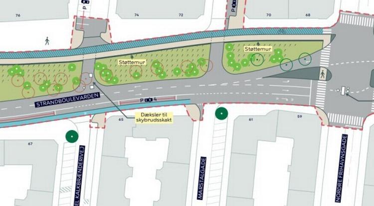 Forslaget til den forbedrede Strandboulevard giver et grønt bælte på gadens østside og plads til cykelstier, bortset fra ved bl. a. Nordre Frihavnsgade, hvor en cykelsti vil tage plads fra højresvingende bilister og derfor afkortes. Foto: Københavns Kommune