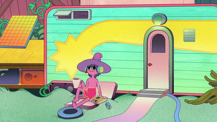 Rumbumsen Clancy bor i sin campingvogn i et futuristisk ikke-sted, der hedder Det Kromatiske Bånd. Foto: Netflix