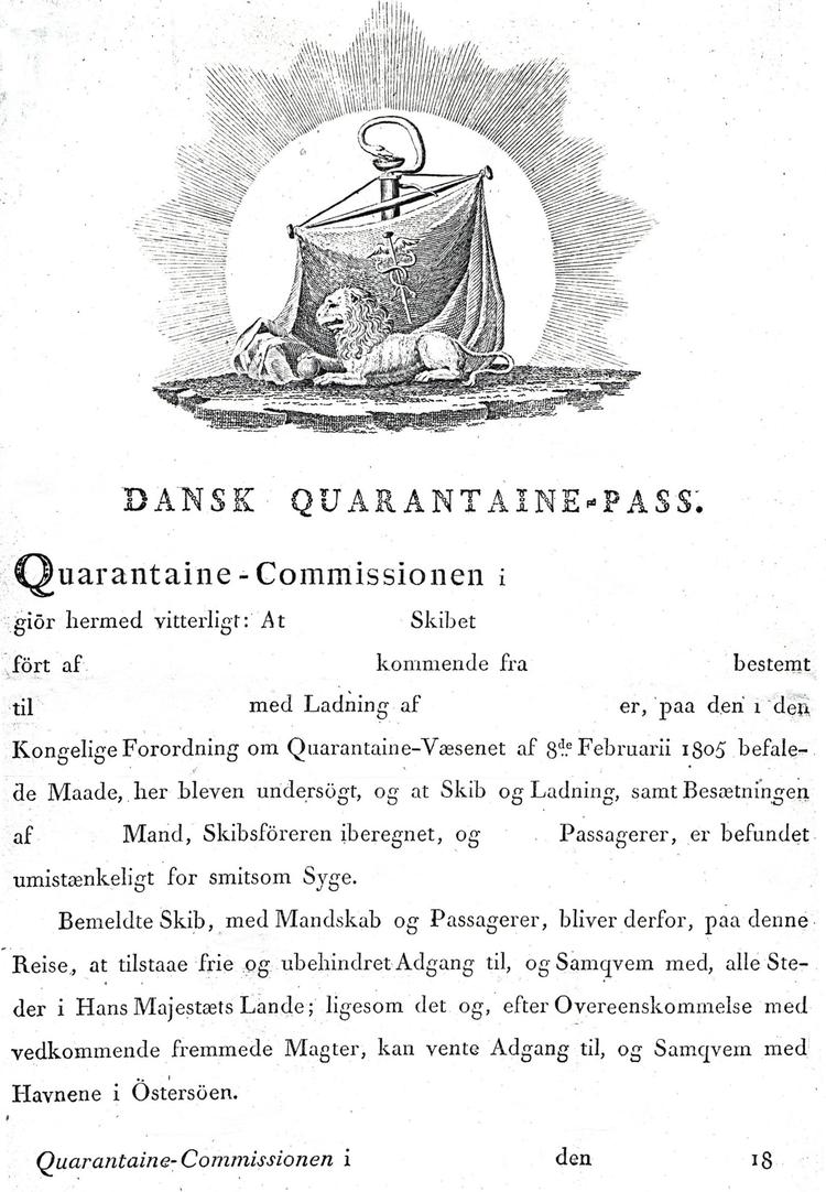 Et eksemplar af det pas, som havnebyernes karantænekommissioner skulle udstede, når hverken mandskab eller gods bragte smitte med sig. Foto: Rigsarkivet 