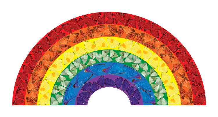 Med sit motiv følger Damien Hirst op på en aktuel trend i England, hvor flere og flere børn tegner regnbuer som tegn på støtte til de sygeplejersker og læger, der kæmper mod coronaen. Foto: 'Butterfly Rainbow'. Damien Hirst and Science Ltd. All rights reserved, DACS 2020