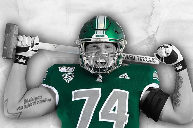 Steven NIelsen spillede 13 kampe  for Eastern Michigan University i 2019. Nu skal han arbejde hårdt for at få spilletid i den NFL-sæson, der er udset til at starte i september.  Foto: emueagles.com/emueagles.com