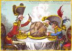 James Gillrays satiretegning fra 1805 viser den britiske premierminister William Pitt siddende ved bordet sammen med Napoleon, mens de grådigt skærer skriver af jordklodens plumkage og fordeler verden mellem sig. Pitt har fat i hele Stillehavet og er på vej mod Asien, mens Napoleon får en luns af Afrika. Illustration fra bogen Foto: Illustration fra bogen
