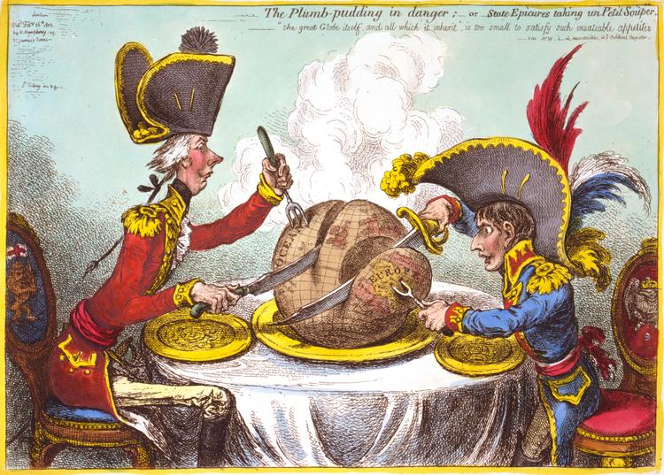 James Gillrays satiretegning fra 1805 viser den britiske premierminister William Pitt siddende ved bordet sammen med Napoleon, mens de grådigt skærer skriver af jordklodens plumkage og fordeler verden mellem sig. Pitt har fat i hele Stillehavet og er på vej mod Asien, mens Napoleon får en luns af Afrika. Illustration fra bogen Foto: Illustration fra bogen