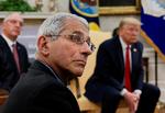 Virusekspert Anthony Fauci deltager i et pressemøde med præsident Trump torsdag. Foto: Carlos Barria/Ritzau Scanpix