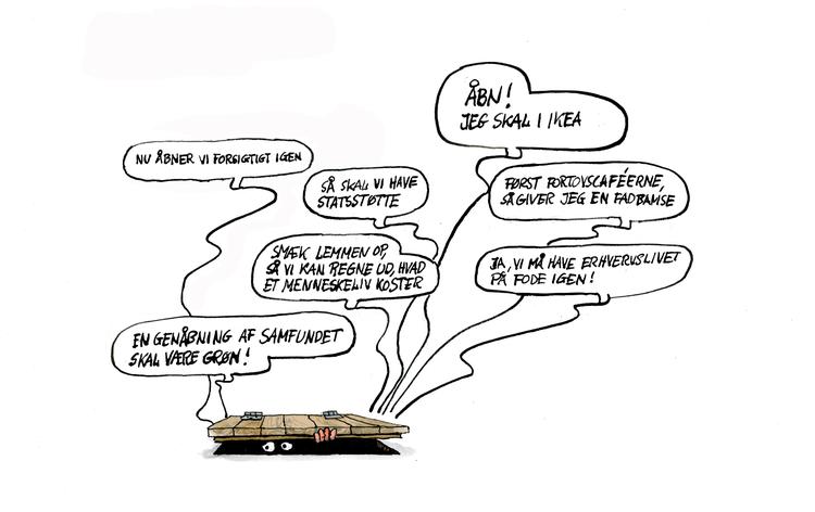 2. maj 2020 dagens tegning
Overskrift: 
Manchet: Folketinget forhandler om face 2 i genopningen af Danmark. Foto: Roald Als/POLITIKEN