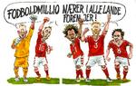 Hvordan mon lønudviklingen bliver for disse gæve danske fodboldmillionærer i de kommende år? Kan - fra venstre, som de tog sig ud i 2018 - Kasper Schmeichel, Cristian Eriksen, Martin Braithwaite, Simon Kjær og Thomas Delaney se frem til en lønnedgang? Eller et lønstop? Måske. Men de klarer det nok. Foto: Roald Als/POLITIKEN
