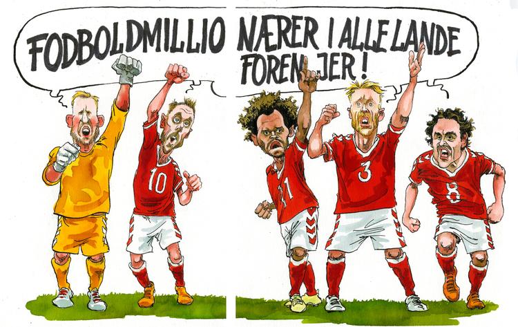 Hvordan mon lønudviklingen bliver for disse gæve danske fodboldmillionærer i de kommende år? Kan - fra venstre, som de tog sig ud i 2018 - Kasper Schmeichel, Cristian Eriksen, Martin Braithwaite, Simon Kjær og Thomas Delaney se frem til en lønnedgang? Eller et lønstop? Måske. Men de klarer det nok. Foto: Roald Als/POLITIKEN