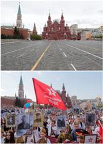 Den Røde Plads i Moskva i år (øverst) og sidste år.  Foto: Maxim Shemetov/Ritzau Scanpix