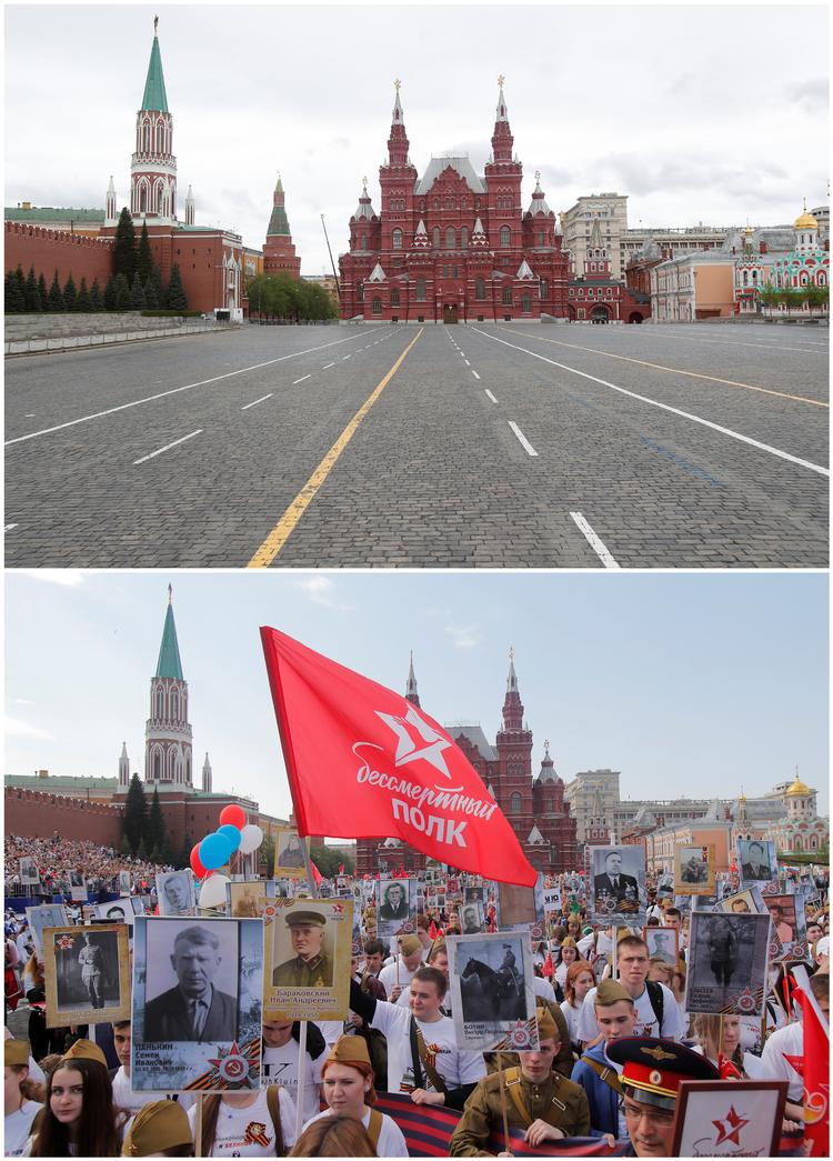 Den Røde Plads i Moskva i år (øverst) og sidste år.  Foto: Maxim Shemetov/Ritzau Scanpix