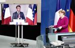     Angela Merkel og Emmanuel Macron på det virtuelle pressemøde mandag, hvor de stillede meget konkrete forslag til genopretning af de europæiske økonomier efter coronaen. Foto: Pool/Ritzau Scanpix
