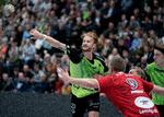 Nordsjælland Håndbold, der her ses i grønne trøjer mod Lemvig-Thyborøn fra januar i år, er fortsat dømt som nedrykker, men klubben har sammen med de andre nedrykkere på forhånd sendt sagen til appeludvalget. Foto: Claus Bech/Ritzau Scanpix