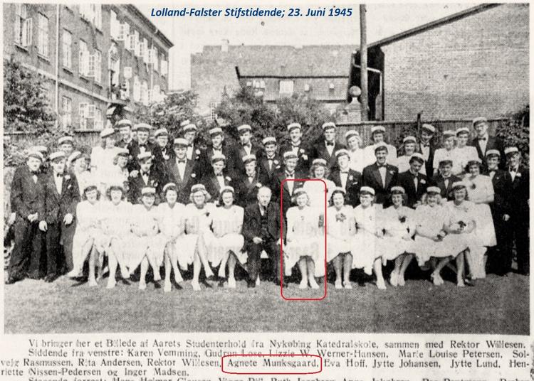 Sådan ser hun ud, Agnete Munksgaard, som, 15 år efter at dette billede blev taget af studenterne fra Nykøbing Katedralskole, købte sig en folkevogn. Foto fra Lolland-Falsters Folketidende 