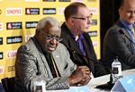 Lamine Diack var formand for IAAF, da VM i halvmarathon blev afholdt i København i 2014. Her sidder han til pressemøde før mesterskabet med formand for Dansk Atletikforbnd, Karsten Munkvad. Foto: Jens Dresling/POLFOTO