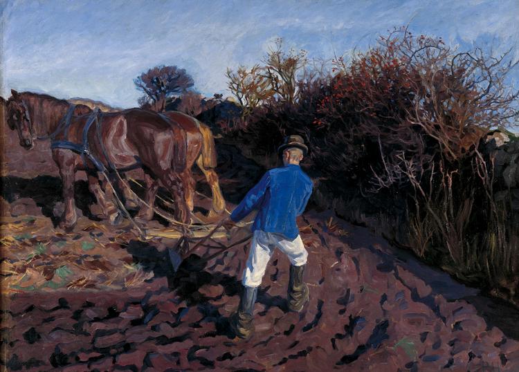 Havde dette maleri været udført af en guldalderens kunstnere eller af en af de symbolister, der var samtidig med fynboerne, ville der have været så meget opmærksomhed omkring den plørede og oppløjede jord foran ploven med de to heste. Foto: Faaborg Museum