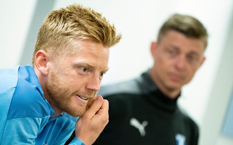 En uge efter sin 30-års fødselsdag blev Anders Christiansen (tv.) matchvinder i Malmö FF's første kamp i den nye sæson i Allsvenskan. Foto: 50090 Johan Nilsson/tt/Ritzau Scanpix