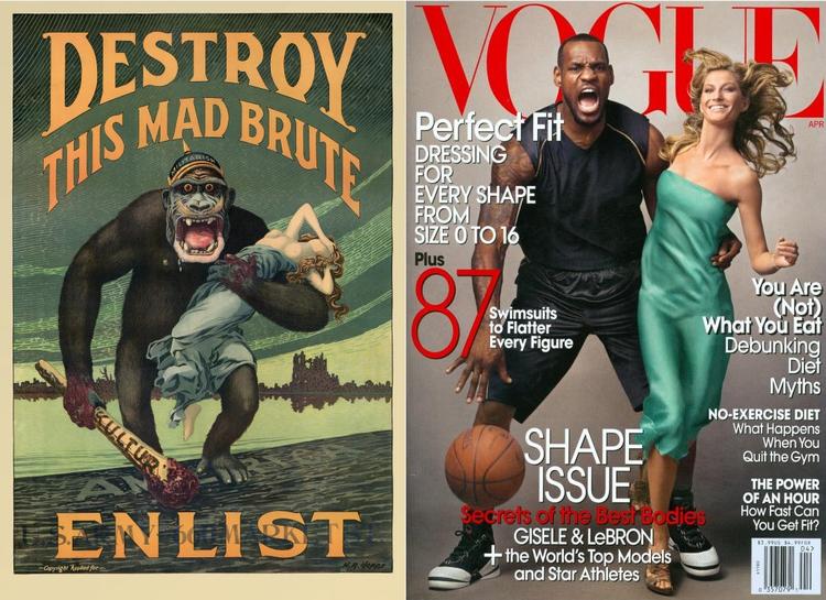 Den racistiske fremstilling af basketstjernen LeBron James som en aggressiv abe får kritikerne op ad stolen. Både i 2008, da forsiden udkom, og nu igen i 2020. Foto: Library of Congress/Vogue