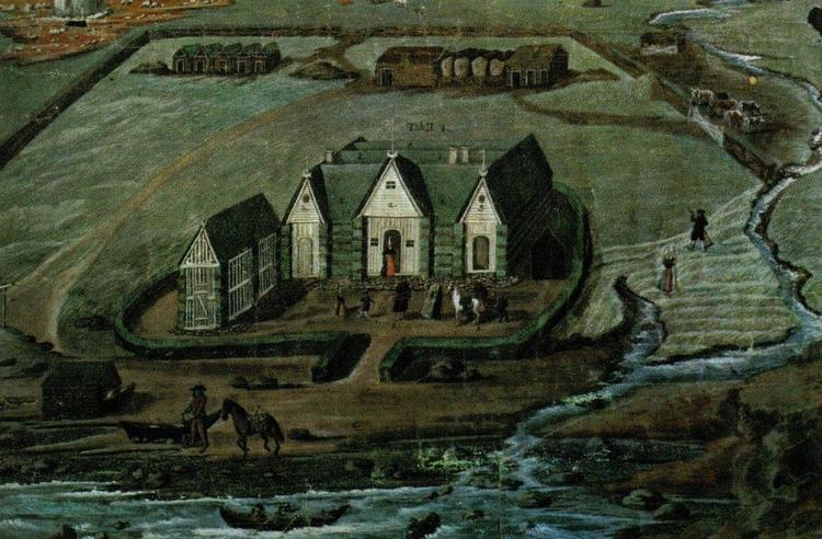 ”Prospekt af en middelmådig gårds bygninger i Island” – en af de mange tegninger, der blev udført af Ólafsson og hans rejsefæller under ekspeditionerne i 1750’erne. Gengivet efter artikel af Egill Snorrason, 1972. 