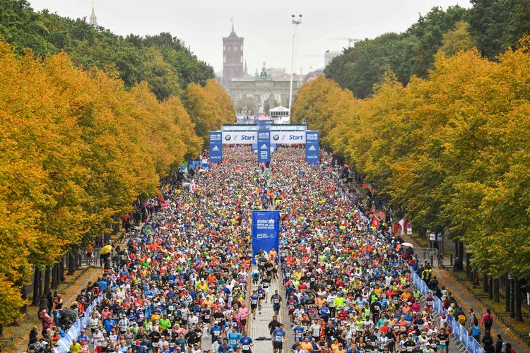 Fra starten på Berlin Marathon sidste igennem Tiergarten, da folk ikke anede, hvad et forsamlingsforbud var. Årets løb er aflyst på grund af covid-19 pandemien. Foto: John Macdougall/Ritzau Scanpix