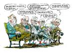Claus Hjort Frederiksen, Uffe Ellemann-Jensen, Mogens Lykketoft, Villy Søvndal, Pia Kjærsgaard og Per Stig Møller.  Tegning Roald Als