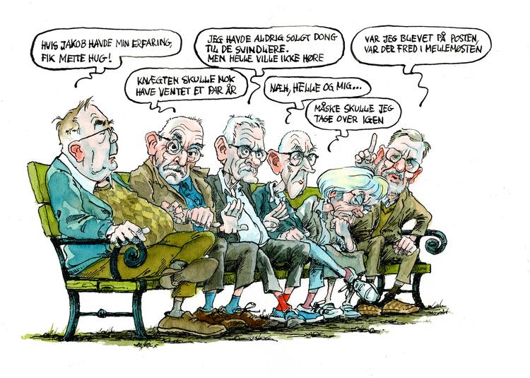 Claus Hjort Frederiksen, Uffe Ellemann-Jensen, Mogens Lykketoft, Villy Søvndal, Pia Kjærsgaard og Per Stig Møller.  Tegning Roald Als