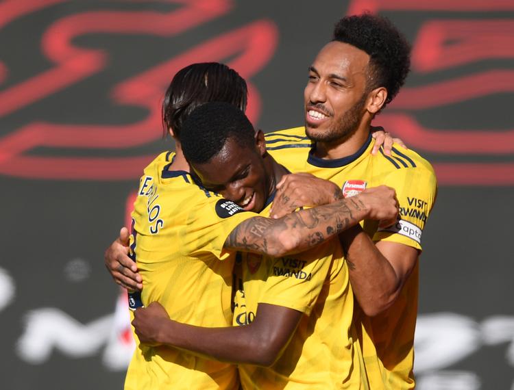Arsenals Eddie Nketiah har åbnet scoringen mod Southampton torsdag aften, hvor det lykkedes for 'Gunners' at tage sin første sejr efter Premier League-genstarten. Foto: Mike Hewitt/Ritzau Scanpix