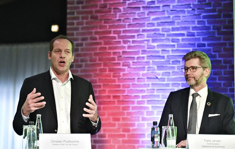  Christian Prudhomme, løbsdirektør for Tour de France og Københavns overborgmester Frank Jensen, da de tidligere i år præsenterede den danske del af Tour de France-ruten. Foto: Ernst van Norde
