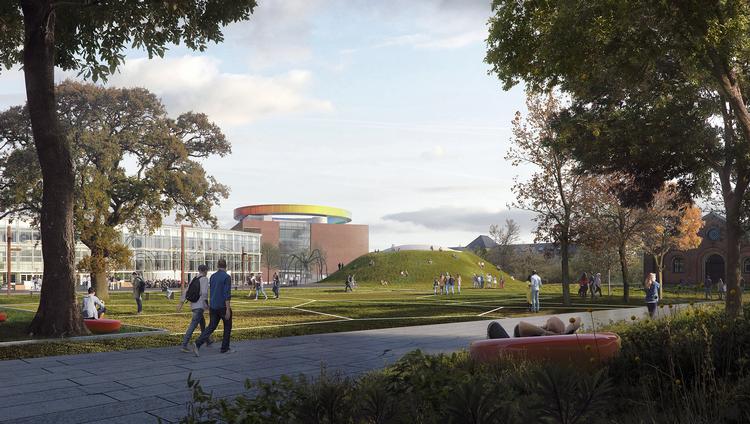 Oprindeligt var udbygningen af Aros, 'The Next Level',  et projekt til 320 millioner kroner, men museet kunne ikke rejse så mange penge. I stedet kommer kuplen tættere på jordoverfladen, budgettet er nu 200 mio. kr., og der bliver en pavillion til f.eks. koncerter og talks.  Illustrationer: Aros 