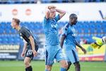 Randers FC's Tobias Klysner Breuner ærger sig, men holdkammeraten Vito Hammershøy-Mistrati  sikrede en sejr i 2. halvleg.  Foto: Bo Amstrup/Ritzau Scanpix