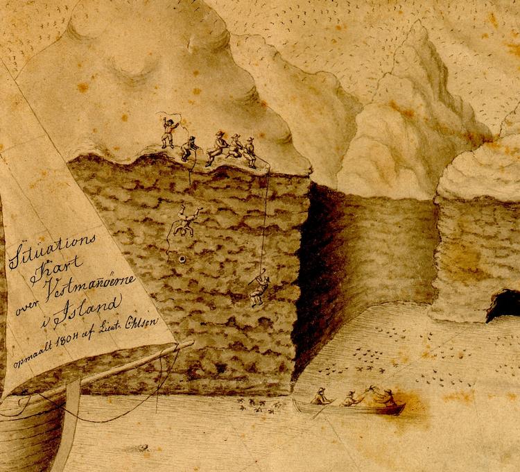 Udsnit af løjtnant Ohlsens tegning af Heimaey i 1804. Foto: Niels Gravesen, Rigsarkivet. 