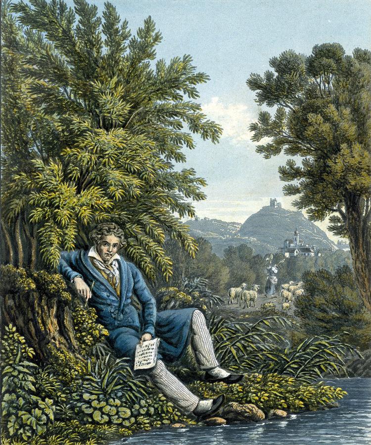 Beethoven som maleren Franz Hegi forestillede sig geniet, mens han ligger i det grønne og finder på 'Pastoralesymfonien'. Illustration Beethoven-haus Bonn
