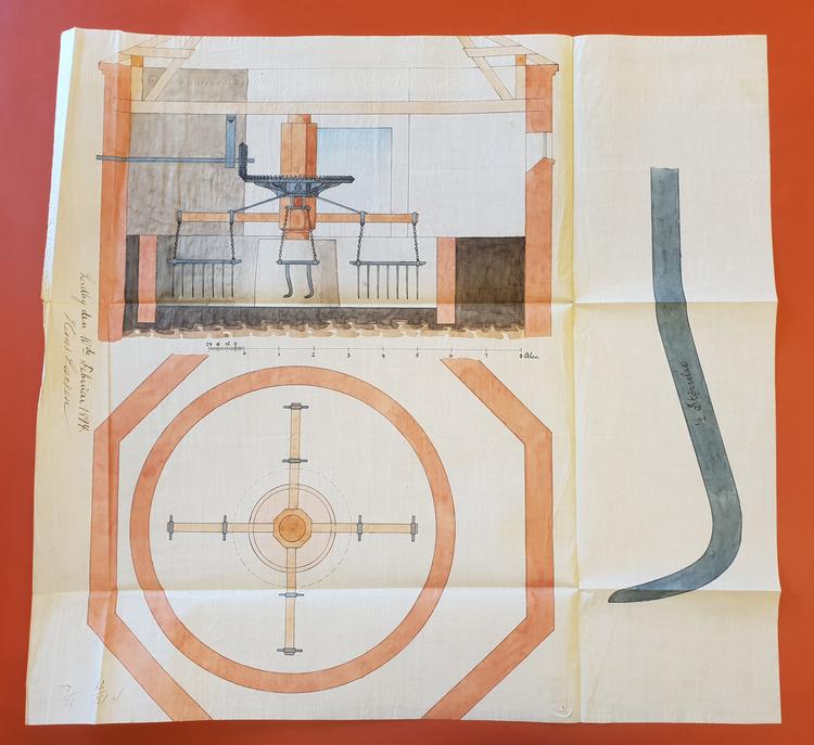 Den smukke tegning i patentsagen fra Hans Larsen på Ladby Teglværk. Til højre ses den krumbøjede harvetand. Foto: Kenn Tarbensen. 