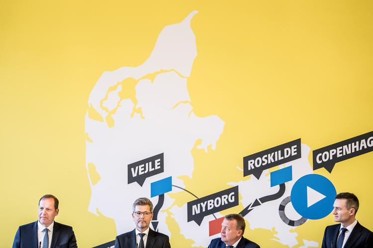 Planerne for den danske Tour-start blev præsenteret på et pressemøde i 21. februar 2019 med deltagelse af Tour de France direktør Christian Prudhomme, Københavns overborgmester Frank Jensen , daværende statsminister Lars Løkke Rasmussen (V) og erhvervsminister Rasmus Jarlov (K) Foto: Mads Claus Rasmussen/Ritzau Scanpix