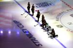 Natten til tirsdag knælede Ryan Reaves og Robin Lehner fra Las Vegas Golden Knights samt Jason Dickinson og Tyler Seguin fra Dallas Stars under både den amerikanske og canadiske nationalmelodi.  Foto: Jeff Vinnick/Ritzau Scanpix