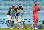 Manchester City jubler over det første mål md Real Madrid. Foto: Dave Thompson/Ritzau Scanpix