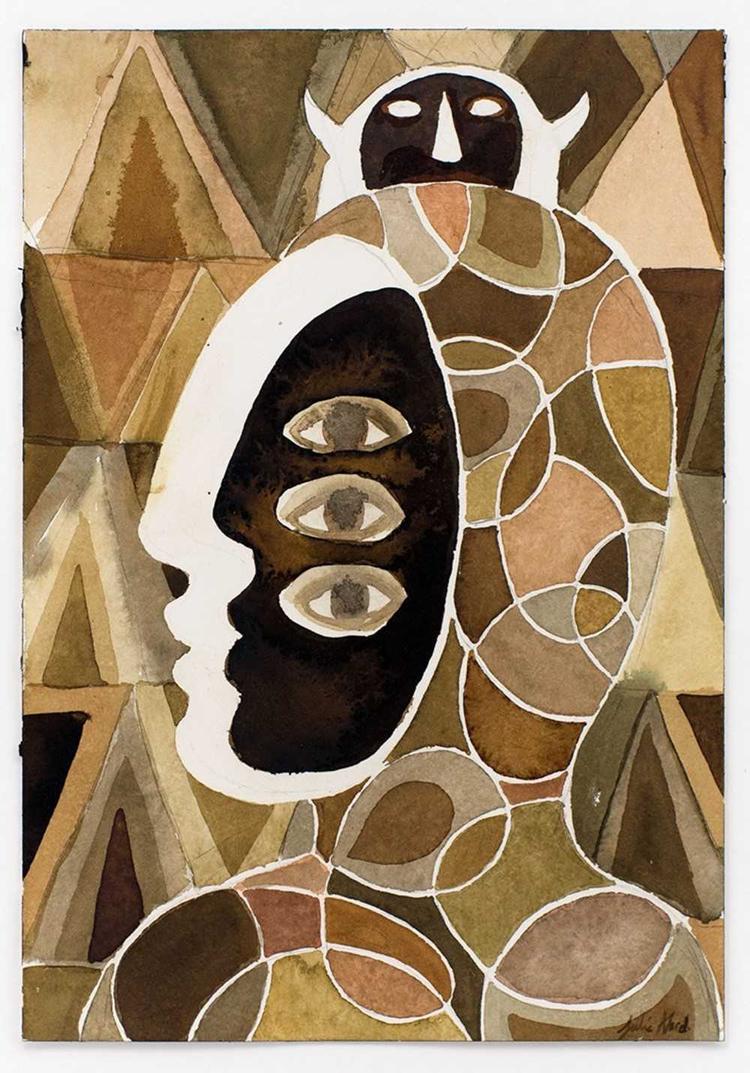 Foto: Julie Nord: 'Small Brown Drawing (profile with three eyes, and abstract patterns)' (2017). Signed. Blæk og blyant på papir.  26 × 18 cm