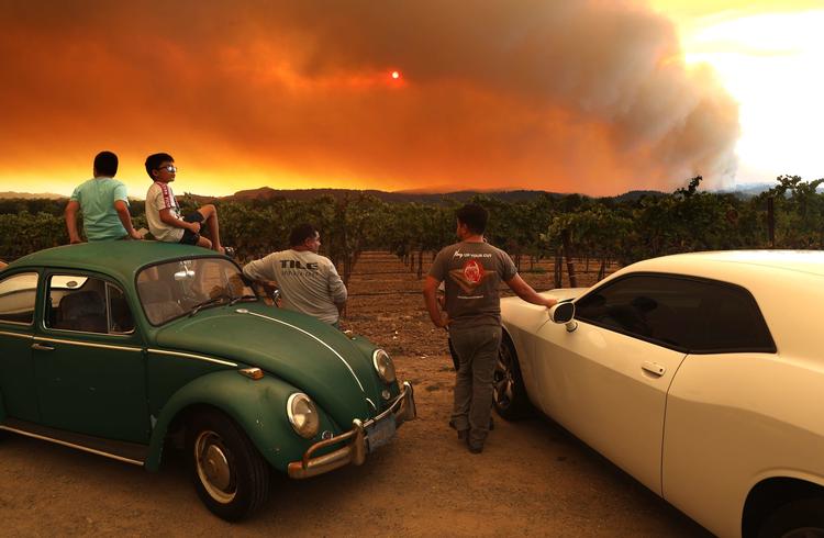 Lokale ser på en brands hærgen i Healdsburg, Californien. Mindst 50 huse er brændt ned og branden i det område er ikke i kontrol.  Foto: Justin Sullivan/Ritzau Scanpix