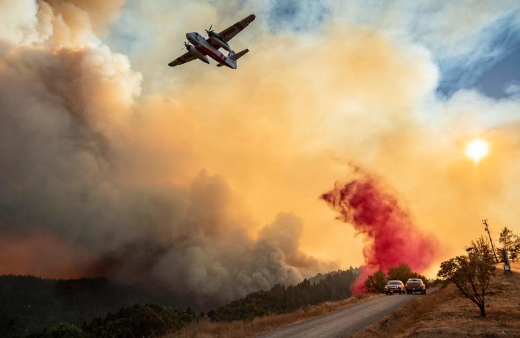 Et fly kaster brandhæmmende væske ned over den gruppe af brand, der bliver kaldt LNU Lightning Complex. En lang række af skovbrande i Californien er torsdag lokal tid vokset hastigt i størrelse.  Foto: Josh Edelson/Ritzau Scanpix