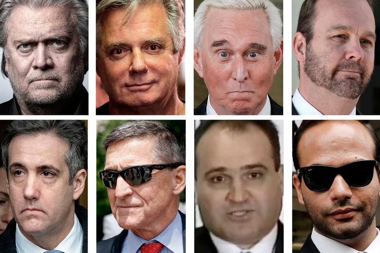 Fra venstre: Steve Bannon, tidligere kampagnechef under valgkampen i 2016 og særlig rådgiver for Trump i Det Hvide Hus. Paul Manafort, Trumps kampagnechef før Bannon. Roger Stone, mangeårig ven og rådgiver. Rick Gates, vicekampagnechef under valgkampen i 2016. Micheal Cohen, Trumps tidligere personlige advokat. Michael Flynn, tidligere national sikkerhedsrådgiver. George Nader, formentlig tidligere udenrigspolitisk rådgiver. George Papadopoulos, tidligere medlem af Trumps udenrigspolitiske panel. 