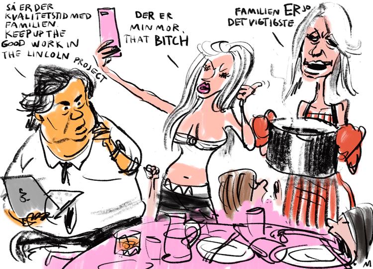 En politisk splittet familie takker af og tager en pause - både fra politik og de sociale medier.  Tegning af Mette Dreyer.  Foto: Mette Dreyer/POLITIKEN